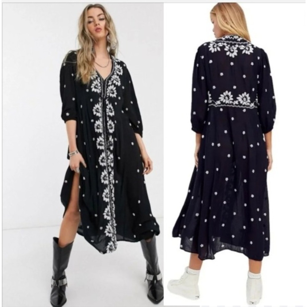 Free People Embroidered Fable Midi Dress Black White XS Boho Floral Gauze